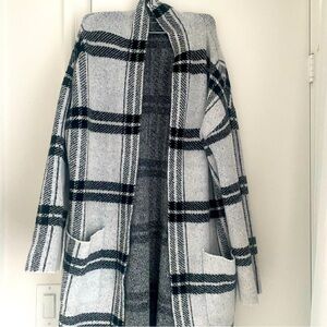 Grey and Black Checkered Knee Length Cardigan